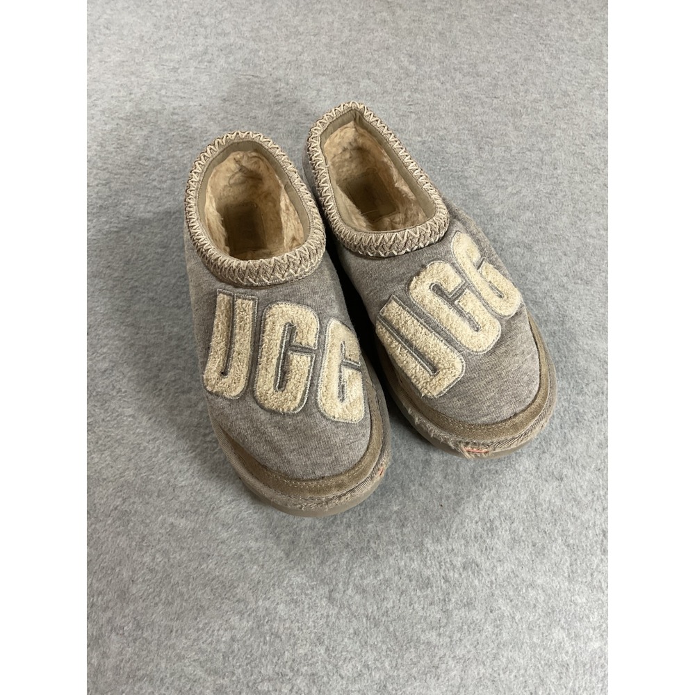 UGG Tasman Grey Jersey Knit Logo Slippers Sheepskin Lined Grey Cream Womens
